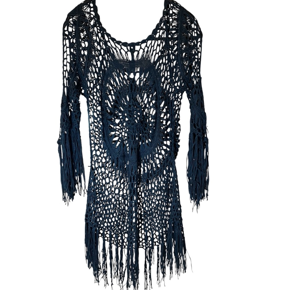 Asha Black Crochet Fringe Med Tunic Cover Up Boho Festival Top Witchy Whimsigoth - Picture 9 of 10